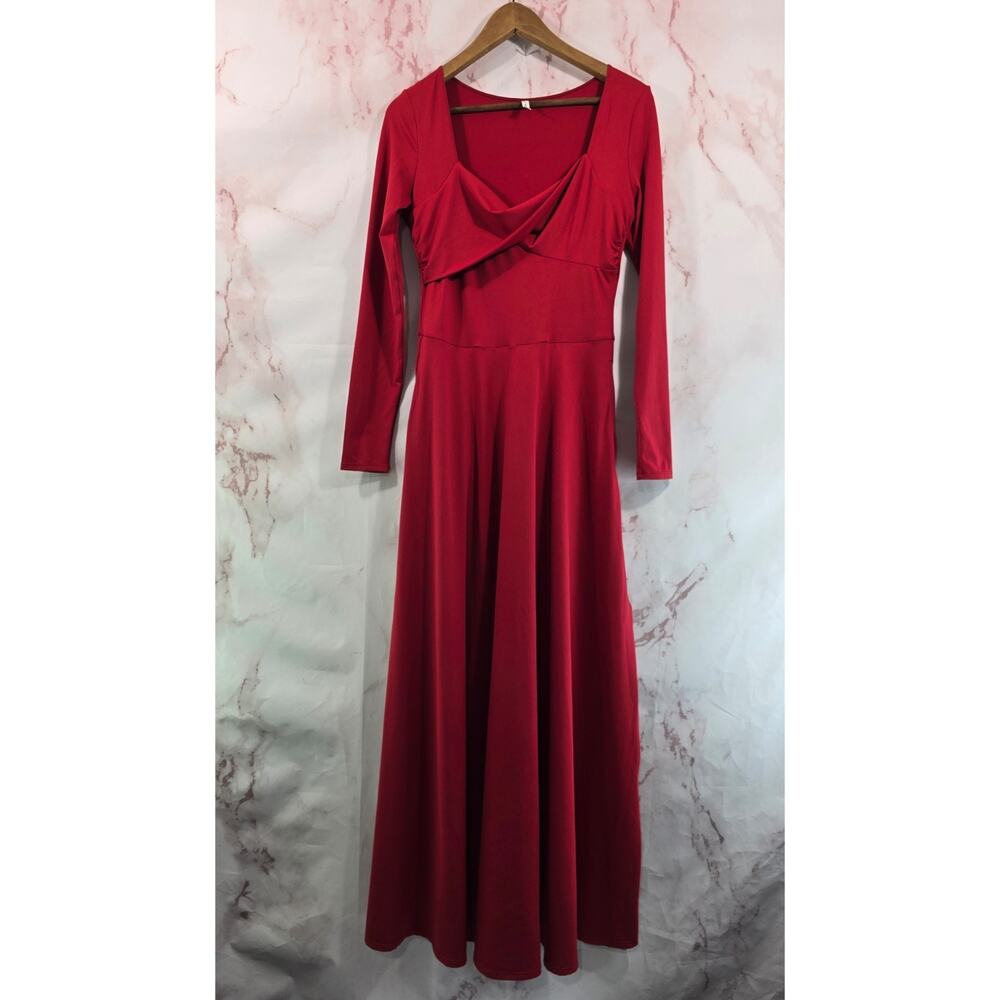 Halara Dress Womens Medium Red Long Sleeve V Neck Midi Maxi Criss Cross
